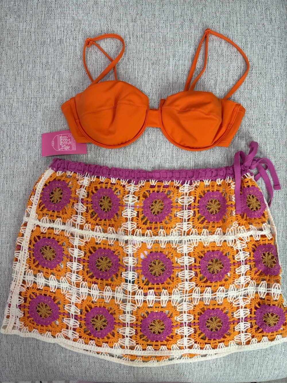 Orange Bikini Top with Crochet Floral Skirt cover up bundle Set